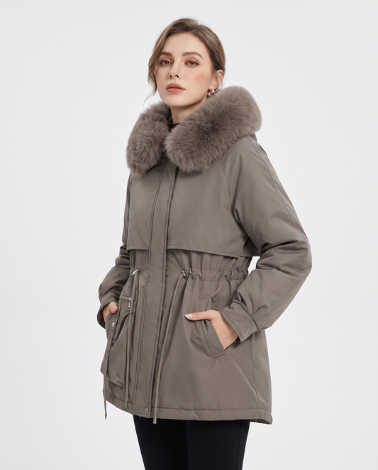 Parka da donna a vita alta con cappuccio, vista frontale